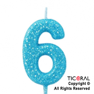 VELA NUMERAL CHICO 5.5 CM CON GIBRE CELESTE NUMERO 6 x 1